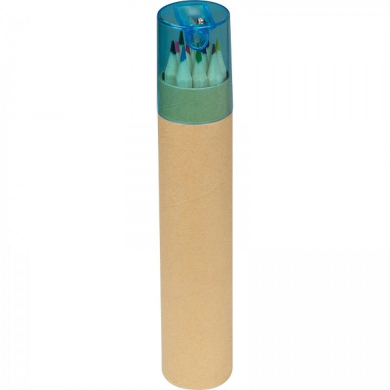 Zestaw 12 drewnianych kredek w tubie z temperówką  z logo firmy